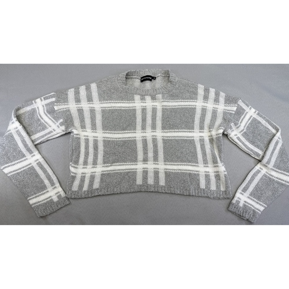 PRETTYLITTLETHING Plaid Pullover Sweater S Gray Soft Oversized Knit Long